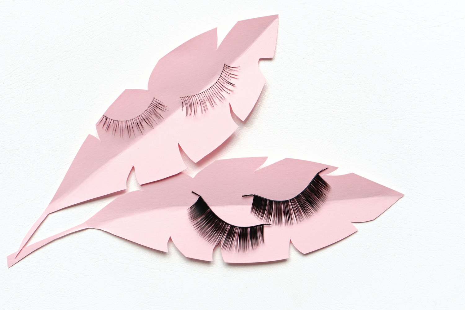 two different Black false lashes strips on white background