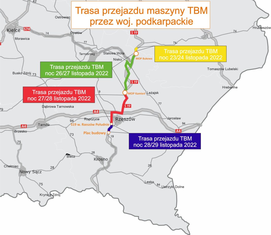 Wielki "kret" coraz bliżej Rzeszowa. Trasa transportu maszyny [mapa]