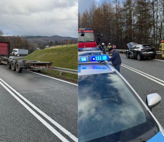 Zderzenie ciężarówki z mazdą na DK19. Naczepa wpadła w poślizg